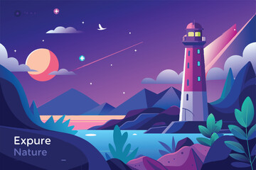 Colorful illustration of a night scene featuring a lighthouse by the ocean. The sky is filled with stars, clouds, and shooting stars, radiating a sense of mystery and tranquility.