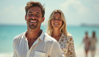 Obraz premium Joyful couple smiling on a sunny beach