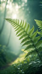 Delicate green fern fronds in misty forest leaf