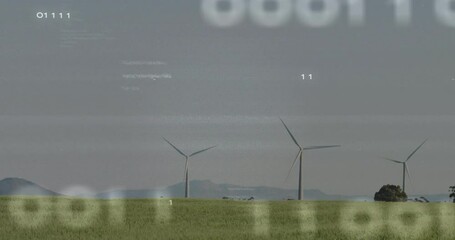Wind gust initiating turbines spinning while binary code streaming, fading, visualizing energy flow - Powered by Adobe