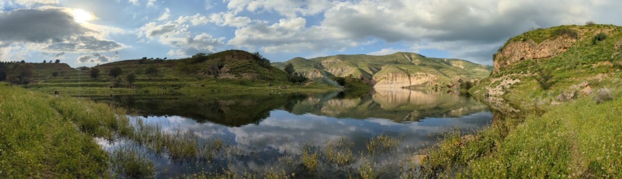 Wadi Zahar is a wadi located in Irbid region, Jordan. Walking the Jordan trail from Umm Qais,mountain panorama landscape view
