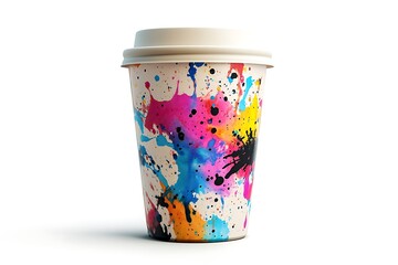 A paper coffee cup pops with colorful splashes, offering a creative and vibrant take on the morning beverage experience.