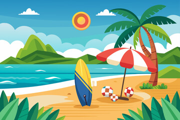 Brazilian Beach Scene with Surfboard and Ocean Waves