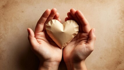 Hands holding paper heart on beige watercolor background, space for text, world suicide prevention day concept, mental health support, ai generation