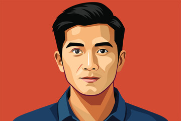 Obraz premium Vector illustration of a mans portrait with a calm expression, set against a bold red background. The design highlights modern art and minimalist style.