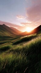 Majestic Mountains Under a Colorful Sunset in a Serene Landscape Near a Grassy Meadow