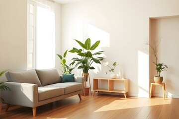 Interior of light living room with grey sofa, shelf unit and plants






