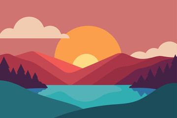 Flat Landscape of Hills and a Lake with a Gradient Sunset