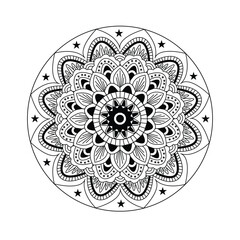 Intricate black and white mandala design with star accents and floral patterns