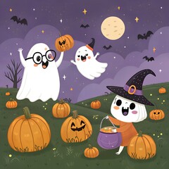 Whimsical Halloween Ghost Trio Cartoon Illustrations