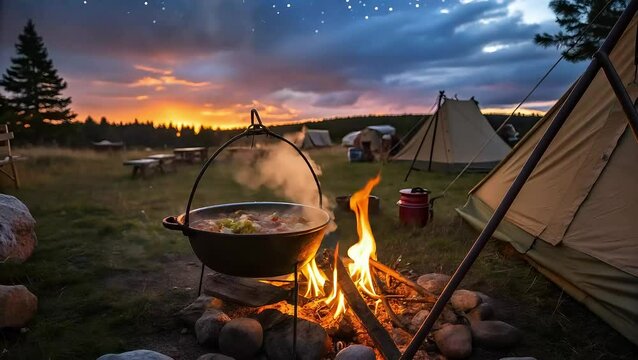 A metal cauldron filled with bubbling stew simmers over a roaring open fire at a campsite. flames flicker and crackle. smoke spirals