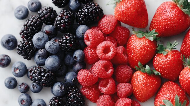 Close up of a plate of fruit including blueberries, raspberries