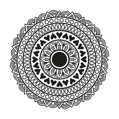 Intricate black and white mandala design with geometric patterns and heart shapes