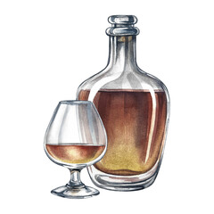 A bottle and a glass of cognac. Handmade watercolor illustration. A color image of an alcoholic beverage. Separate from the background. Perfect for menus, banners, flyers, packages, label, invitation.