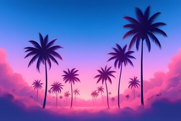 Tropical Palm Trees Silhouetted Against Vibrant Sunset Sky