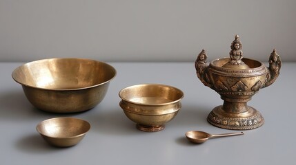 Brass bowls and container set antique style religious item