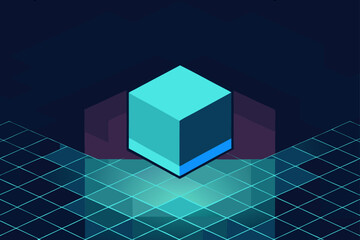 Minimalist Glowing Cube Levitating Over an Infinite Grid