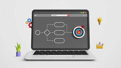 Business process, workflow diagram, flowchart for successful results, map or plan for business procedure, solution, strategy implementation concept. 3D workflow process on a laptop
