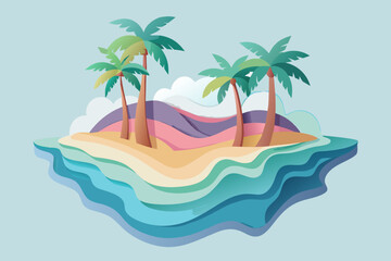 Layered Paper Cut Tropical Island with Ocean Waves