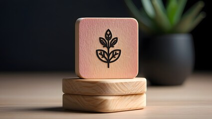 Wooden Block with Leaf Symbol - Minimalist Design