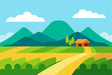 Peaceful Village Landscape with Rice Fields and Hills