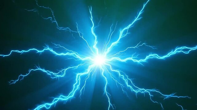 Electric blue lightning strikes radiate from a central point, showcasing energy and power, set against a dark background.