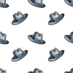 Seamless pattern with men's hats. Handmade watercolor illustration. For textiles, packaging and labels, wallpaper, wrapping paper, decor, and more.