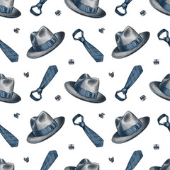 Seamless pattern with men's accessories, hats, ties, and cufflinks. Hand-drawn watercolor illustration. For textiles, packaging and labels, wallpaper, wrapping paper, decor, and more.