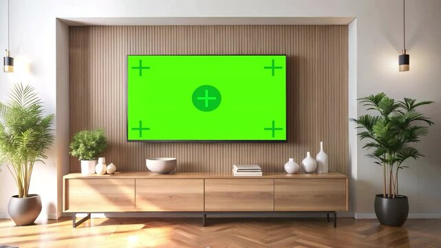 Modern living room interior with green screen TV showing tracking markers