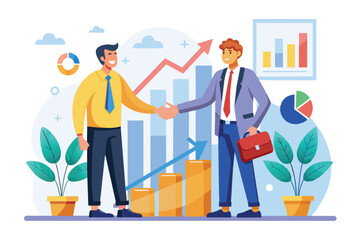 Illustration of two businessmen shaking hands, symbolizing successful business partnership and growth. Includes graphs, charts, and arrows representing development and teamwork.