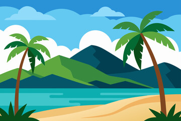 Obraz premium Tropical Beach Scene with Palm Trees and Distant Mountains