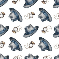 Seamless pattern featuring men's hats and vintage pocket watches. Hand-drawn watercolor illustration. For textiles, packaging and labels, wallpaper, wrapping paper, decor, and murals
