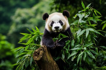 Obraz premium Panda Resting on Tree Branch Surrounded by Lush Greenery in a Serene Setting