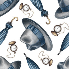 Seamless pattern with men's hats, vintage pocket watches, and umbrellas. Hand-drawn watercolor illustration. For textiles, packaging, wrapping paper, for Father's Day and Men's Day celebrations.