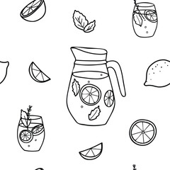 Lemonade seamless graphic pattern in minimalistic style. Hand drawn Black and white Doodle illustration of Lemonade Jug and Glasses, Lemon slices and mint. For paper, menu, fabric prints.
