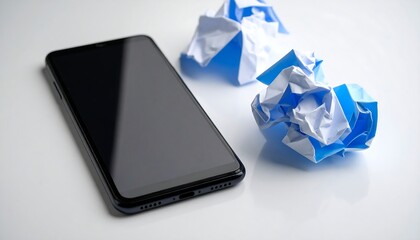 Smartphone next to crumpled blue paper