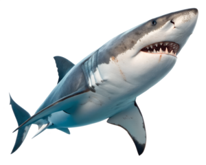 A detailed close up of a powerful great white shark with its mouth open revealing sharp teeth and gills swimming upwards against a dark background isolated on transparent background