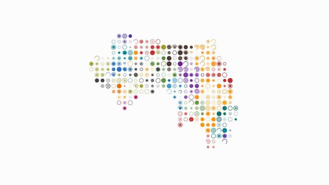 Guinea dotted animation. Shape of the country build of pulsating colored dots. Large size circle blocks. Digital style map on white background. Abstract video.
