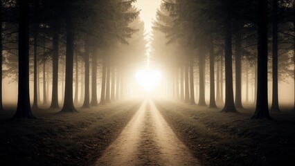 Path to heart-shaped light in dark forest, beige-gray background, space for text, suicide prevention metaphor, hope concept, ai generation