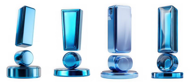 A collection of four blue metallic exclamation marks isolated on transparent background