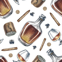 Seamless pattern on a men's theme, with cognac, wallets and cigars. Hand-drawn watercolor illustration. Great for textiles, wrapping paper and packaging, for decor of bars and pubs and much more.