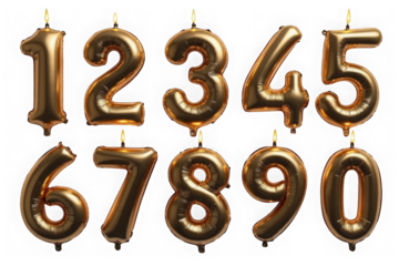 Collection of shiny gold number balloons with lit candles isolated on transparent background