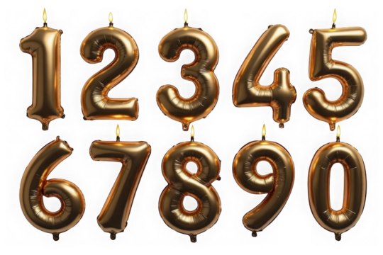 Collection of shiny gold number balloons with lit candles isolated on transparent background