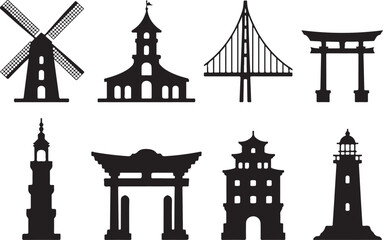 Diverse architectural silhouettes including windmill bridge torii gate lighthouse architecture