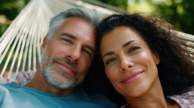 A happy couple relaxing on a hammock - Powered by Adobe