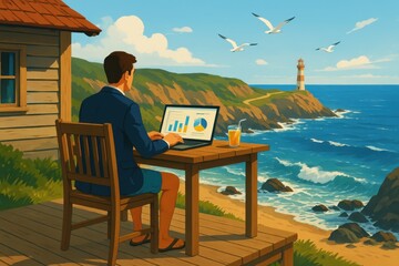 Remote Work by the Sea – Man on Workation at Cliffside Cabin Overlooking Ocean