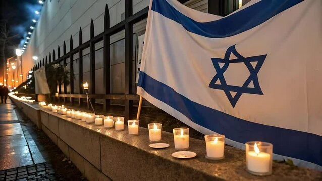 Flames flicker and wax drips from the Holocaust remembrance candles while the Israeli flag sways gently in the breeze. with faint smoke rising in the background and a 
