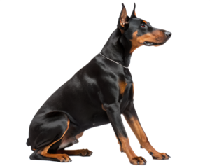 Elegant doberman pinscher dog with black and tan coat sitting attentively showcasing its muscular build and alert expression isolated on transparent background