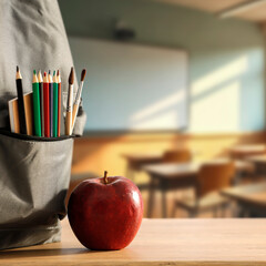 School backpack with supplies on classroom desk – back to school and education concept with...