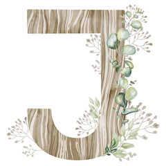 "J" Letter. Textured watercolor alphabet with eucalyptus. Wooden font for decoration, postcards, invitations. Perfect for scrapbooking, printing, education, services related to furniture, woodworking.